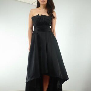 WHBM Black Duchess Satin Strapless High Low Hem Ball Gown with Pockets, sz 2 XXS
